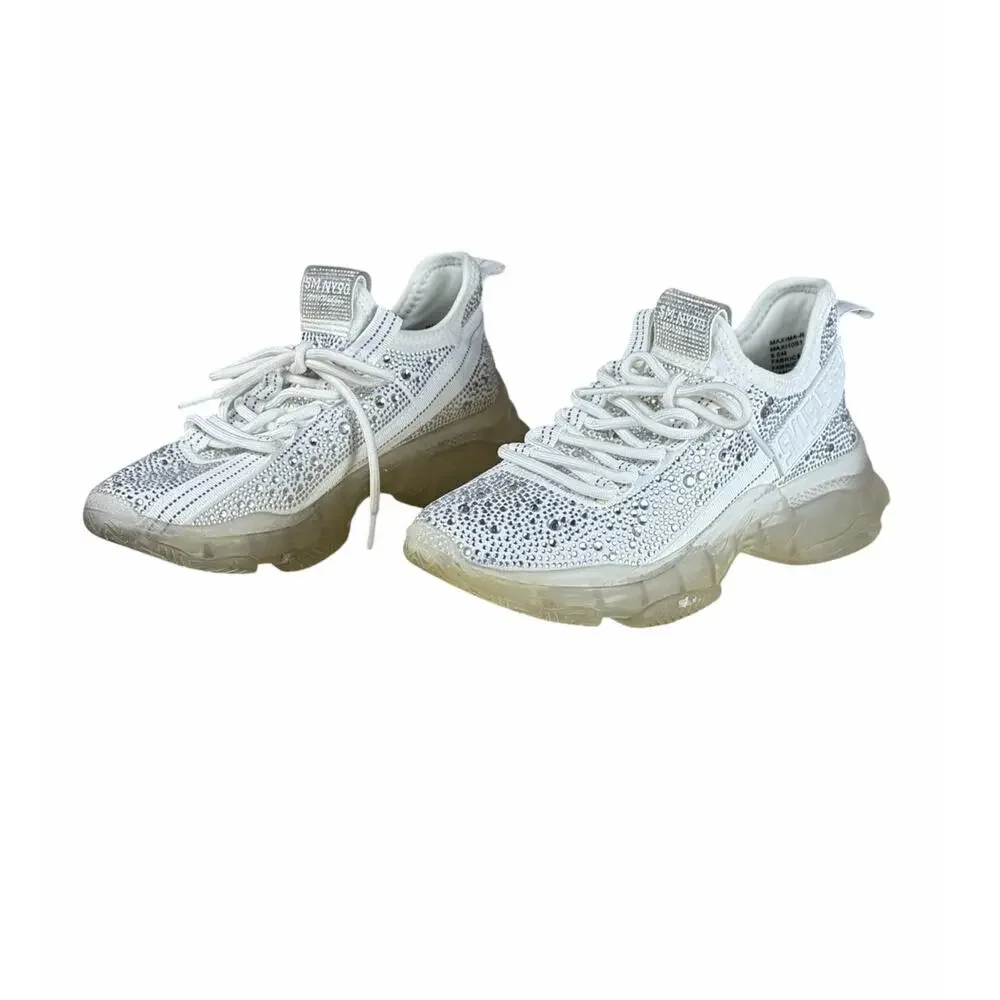 Steve Madden Maxima White Rhinestone Sneakers Womens 8.5 Chunky Sole